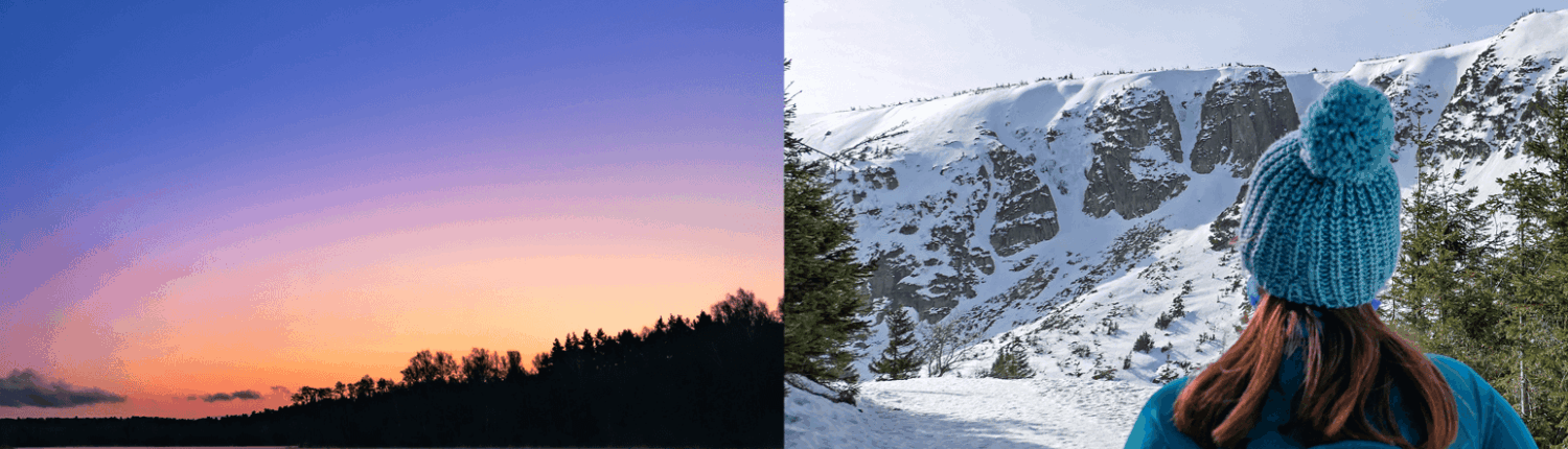 Links ein typischer See der masurischen Seenplatte kurz nach Sonnenuntergang, rechts eine Wanderin mit blauer Bommelmütze auf verschneiten Wegen des Riesengebirges.