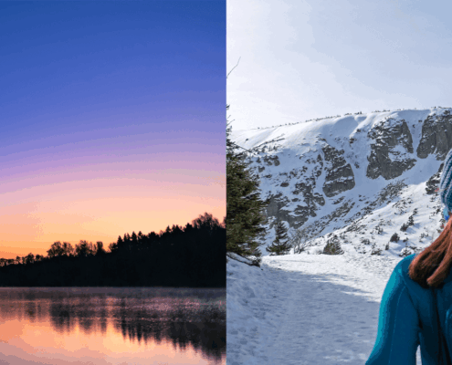 Links ein typischer See der masurischen Seenplatte kurz nach Sonnenuntergang, rechts eine Wanderin mit blauer Bommelmütze auf verschneiten Wegen des Riesengebirges.